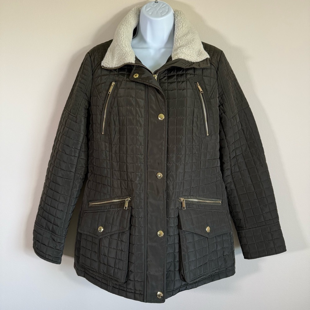 NWT Michael Kors Women’s Quilted Anorak Coat Dark Green Moss Gold Hardware M